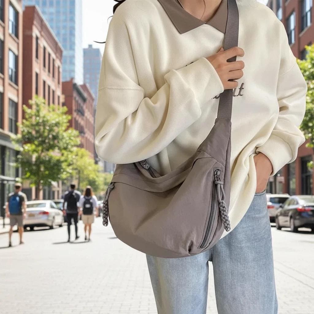 Nylon Hobo Shoulder Bag for Women, Large Crossbody Messenger Purse, Casual Slouchy Everyday Handbag with Zipper Pockets