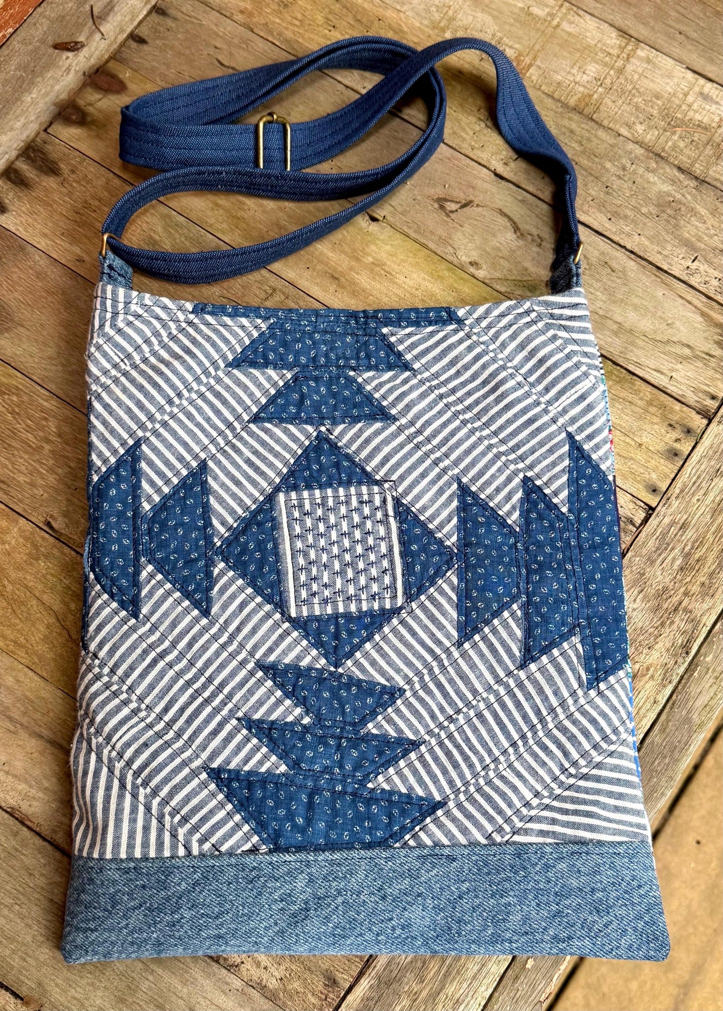 Handmade Quilt Block Crossbody Bag, Repurposed Denim Shoulder Purse with Adjustable Strap, One-of-a-Kind Upcycled Textile Bag