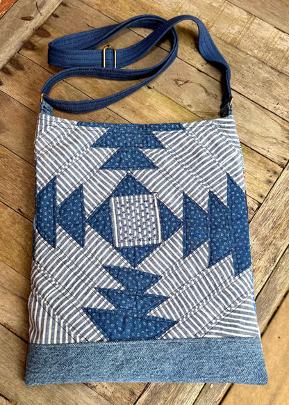 Handmade Quilt Block Crossbody Bag, Repurposed Denim Shoulder Purse with Adjustable Strap, One-of-a-Kind Upcycled Textile Bag
