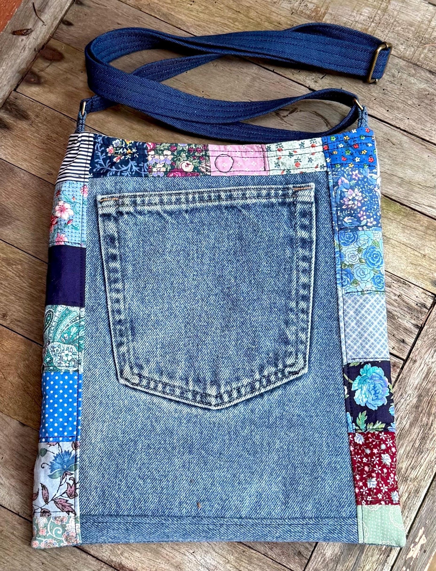 Handmade Quilt Block Crossbody Bag, Repurposed Denim Shoulder Purse with Adjustable Strap, One-of-a-Kind Upcycled Textile Bag