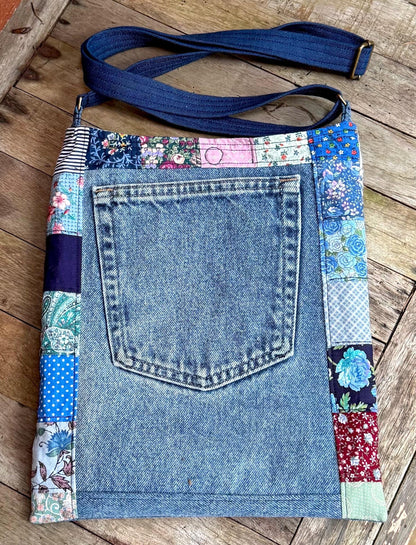 Handmade Quilt Block Crossbody Bag, Repurposed Denim Shoulder Purse with Adjustable Strap, One-of-a-Kind Upcycled Textile Bag