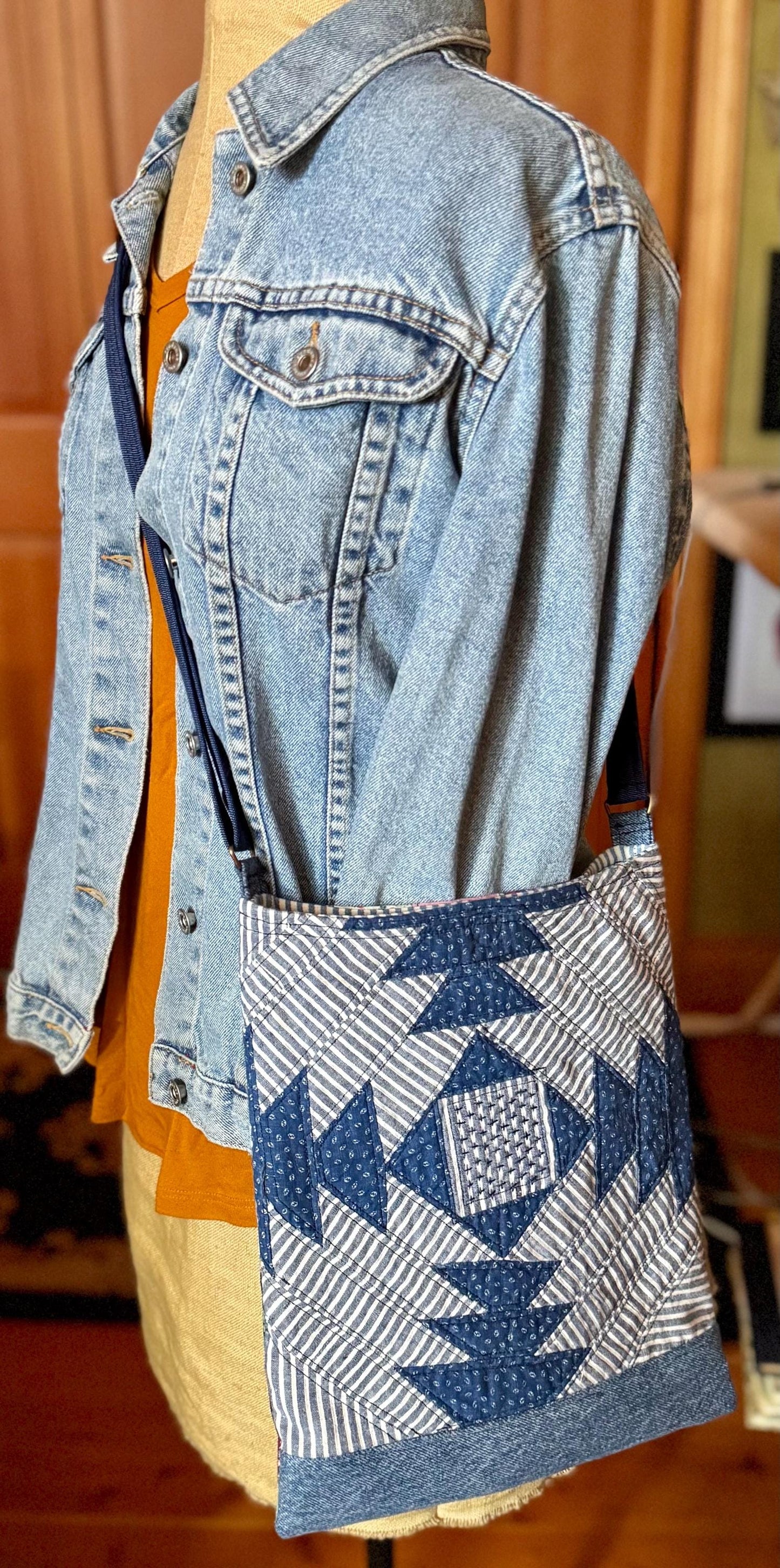 Handmade Quilt Block Crossbody Bag, Repurposed Denim Shoulder Purse with Adjustable Strap, One-of-a-Kind Upcycled Textile Bag