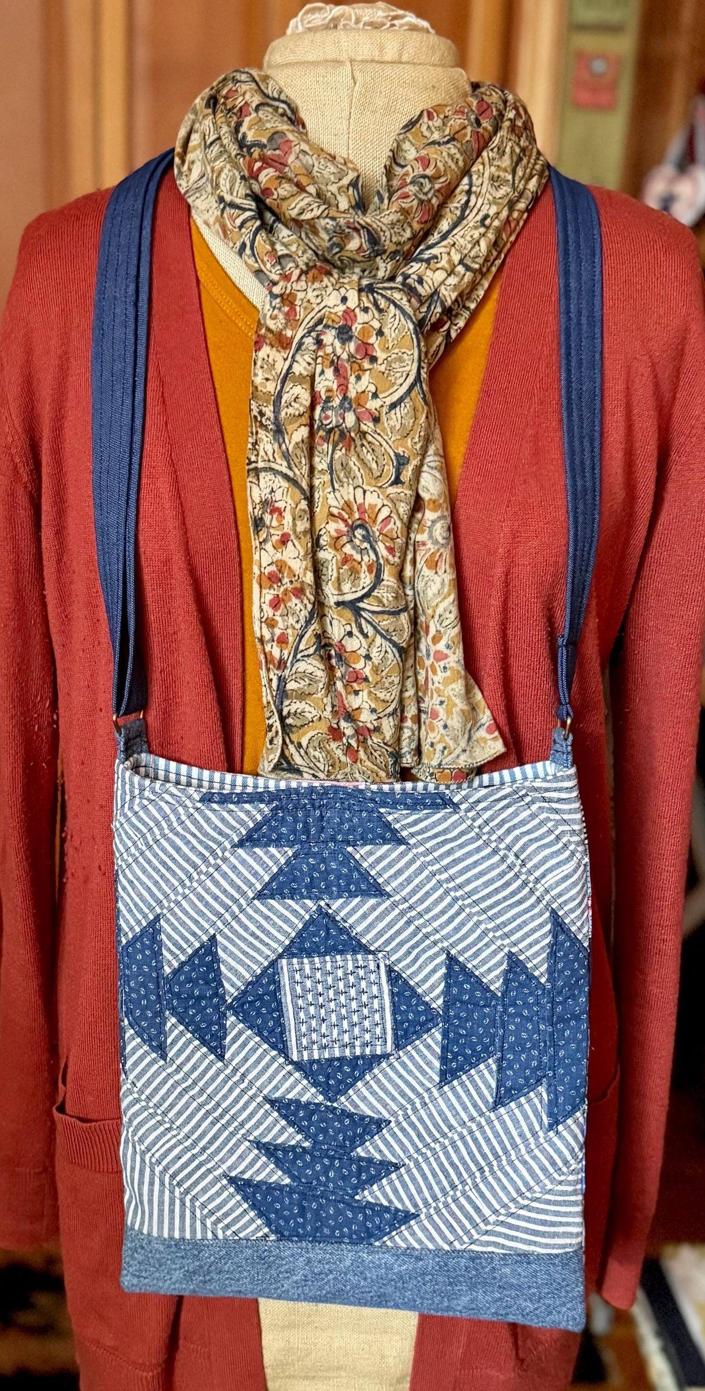 Handmade Quilt Block Crossbody Bag, Repurposed Denim Shoulder Purse with Adjustable Strap, One-of-a-Kind Upcycled Textile Bag