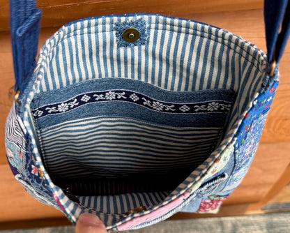 Handmade Quilt Block Crossbody Bag, Repurposed Denim Shoulder Purse with Adjustable Strap, One-of-a-Kind Upcycled Textile Bag