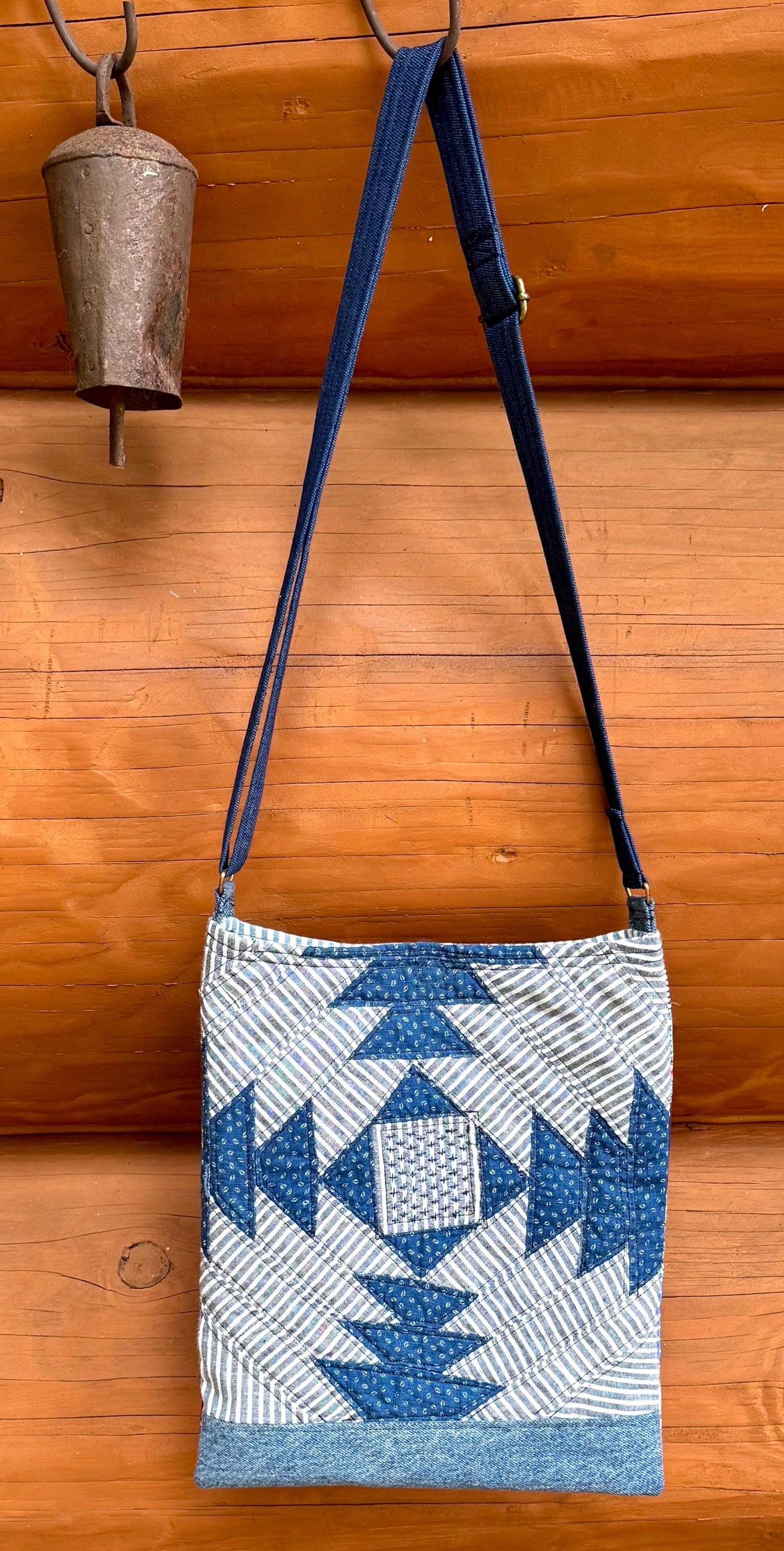 Handmade Quilt Block Crossbody Bag, Repurposed Denim Shoulder Purse with Adjustable Strap, One-of-a-Kind Upcycled Textile Bag