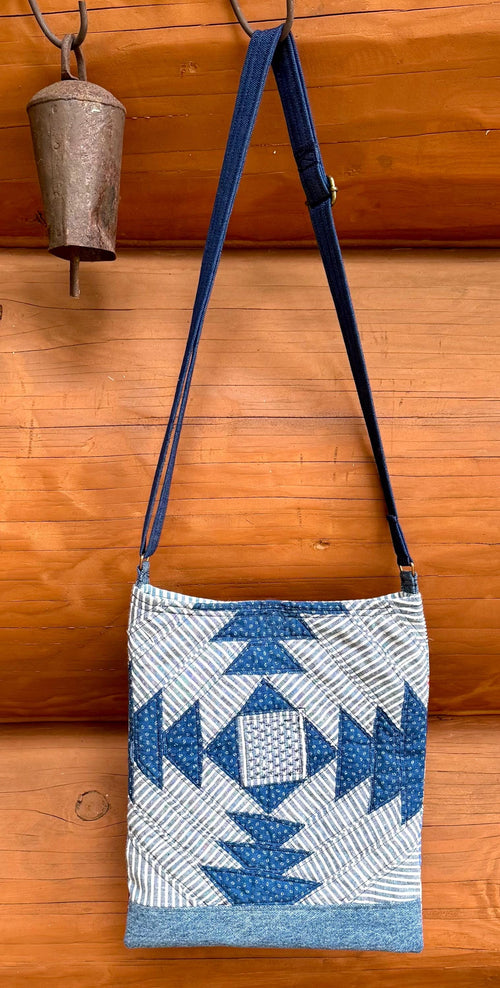 Handmade Quilt Block Crossbody Bag, Repurposed Denim Shoulder Purse with Adjustable Strap, One-of-a-Kind Upcycled Textile Bag