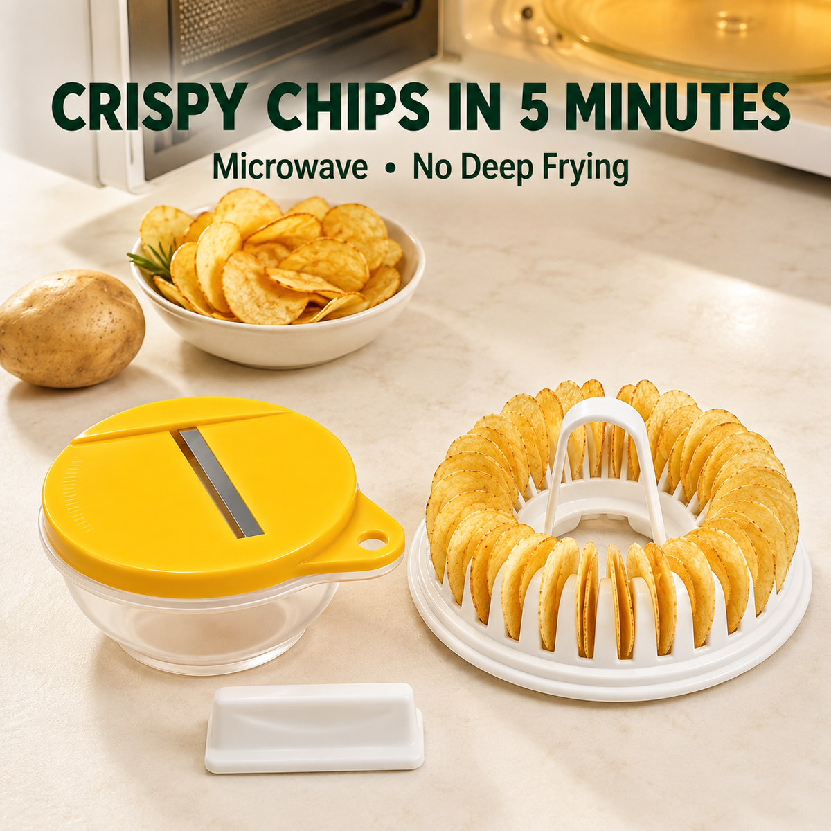 🥔✨✨ Microwave Potato Chip Maker with Slicer – Oil-Free Snack Kit ✨